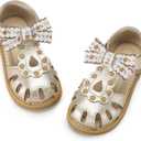 Hehainom Toddler Girls Sandals Closed Toe Bow Flower Girl Summer Shoes Little Kids Flats Sandals (Goldpu) Size 10