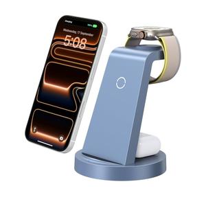 Anlzm 3 in 1 Charging Station for iPhone, Wireless Charger for iPhone 17 16e 16 15 14 13 12 11 X Pro Max & Apple Watch - Charging Stand Dock for AirPods (Blue)