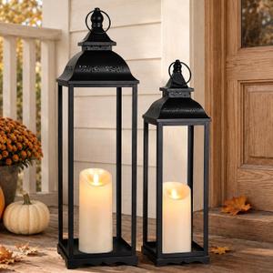 Large Candle Lanterns Set of 2, Black Lanterns Decorative Indoor Outdoor