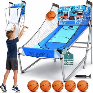 SereneLife Dual Shot Basketball Arcade Game with Electronic Scorer, 8 Game Modes, Indoor Outdoor 2 Player Basketball Shooting Game, Foldable Arcade Set with 5 Balls and Pump, One Size