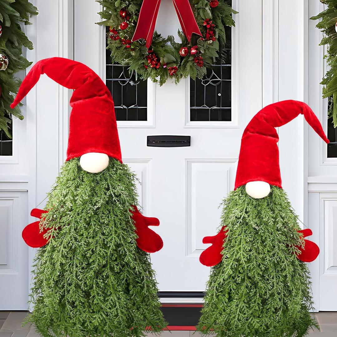 2 Pcs Christmas Gnomes Decorations 26" 22" Gnome Topiary Tree Set Christmas Porch Decor for Indoor Outdoor Home Xmas Front Door Garden Entryway