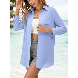 2026 Fall Women's Button Down Shirt Casual Beach V Neck Shirt Long Sleeve Tie Knot Tops Sun Protection Coat, Blue, L
