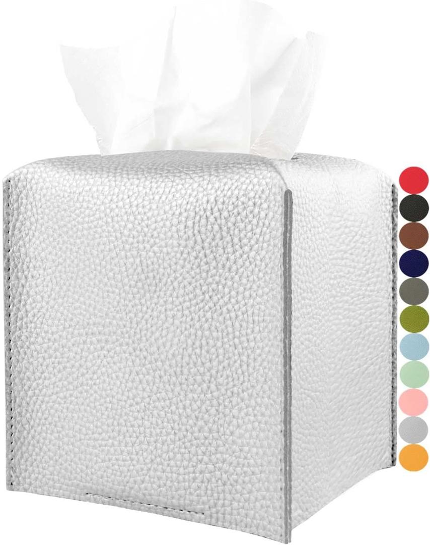 Silver Tissue Box Cover Leather  Square Tissue Box Holder with Bottom Belt by JESMINI, Modern PU Leather Cube Tissue Holder for Bathroom Vanity Countertop/Night Stands/Office