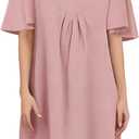 ROYLAMP Women's Elegant Pleated Dress V-Neck Oversized Flutter Sleeves Summer Shift Casual Mini Dresses with Pockets (Pink, M)