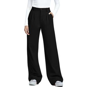 Kistore Womens Pants Wide Leg Thick Warm Pleated Work Slacks Fall Winter Business Casual Trousers for Women with Pocket (Black, S)