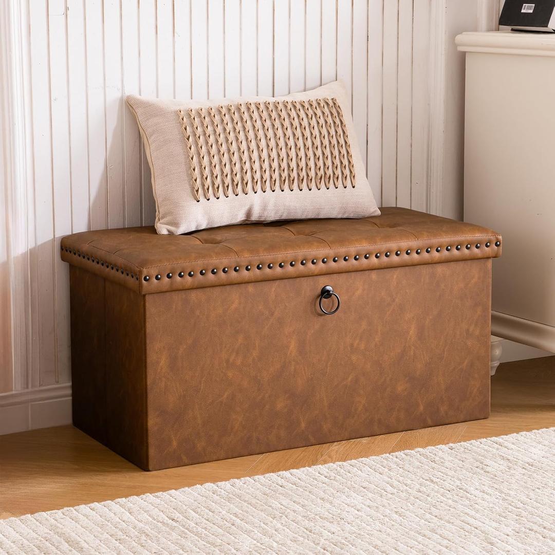oakvivo 30 Inches Folding Storage Ottoman Bench, PU Leather Tufted End of Bed Bench, Foot Rest with Rivet Design, Ottoman with Storage, Load 330 lb, for Living Room, Bedroom, Entryway, Brown
