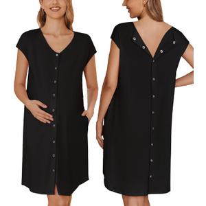 Ekouaer Labor/Delivery/Hospital Gown Nursing Nightgown Maternity Sleepwear With Pockets Postpartum Gowns with Button S-XXL (Small, Black)