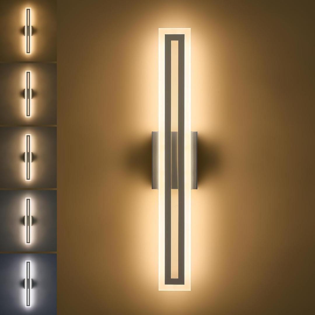Modern LED Wall Sconce Silver Dimmable LED Vanity Lights Bathroom Lighting Fixtures Over Mirror Long Wall Light for Bathroom Dining Room, L24Inch 5CCT