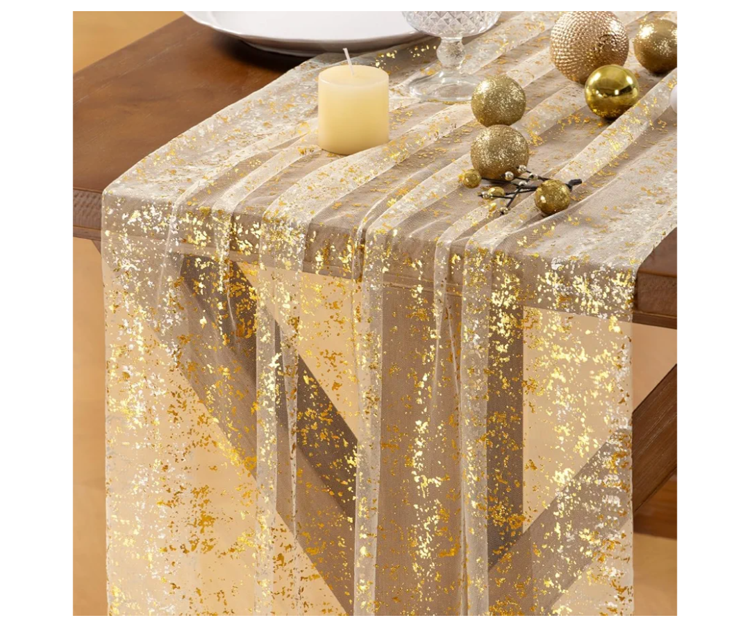 Socomi Gold Table Runner Beige Gauze Sheer Chiffon Cheesecloth Sequin 10FT Glitter Metallic Foil Dining Wedding Birthday Party Spring Anniversary Holiday Centerpiece Table Decor Beige