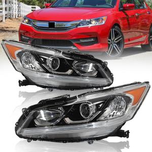 Projector Headlight Assembly w/LED DRL Fit for 2016 2017 Honda Accord EX/EX‑L/Sport,Halogen Headlamp OE Style Chrome Housing Amber Reflector Replacement Driver & Passenger Side
