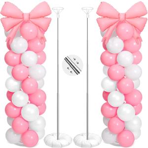 2 Sets Pink White Bow Balloon Column Stand Kit Includes 2 Bows & 100 Latex Balloons Adjustable Stands for Princess Birthday Wedding Coquette Baby Shower Party Decoration