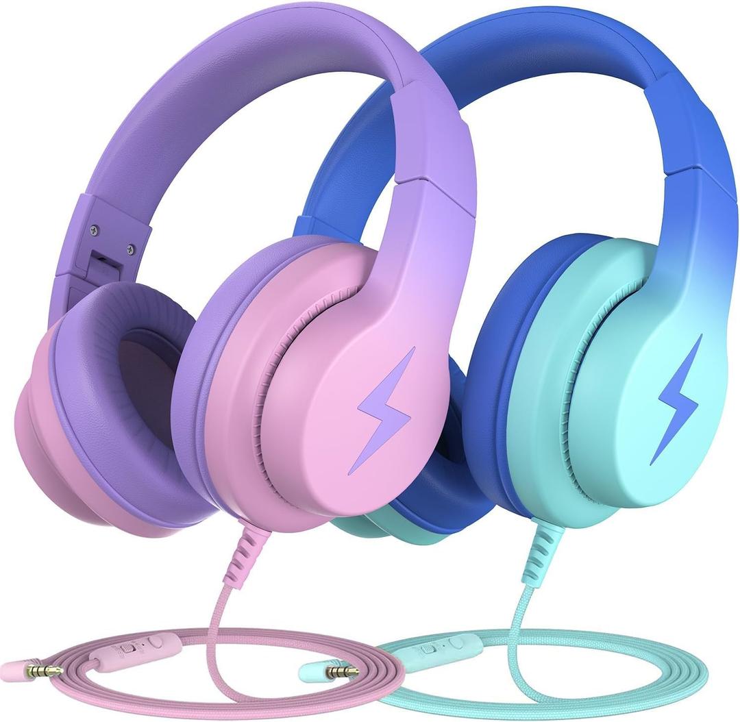 Bila Kids Headphones, Wired Over Ear Headphones with Microphone, Volume Limiter for Girls & Boys, Foldable for Learning & Entertainment (Gradient Blue, Gradient Purple) 2 Pack