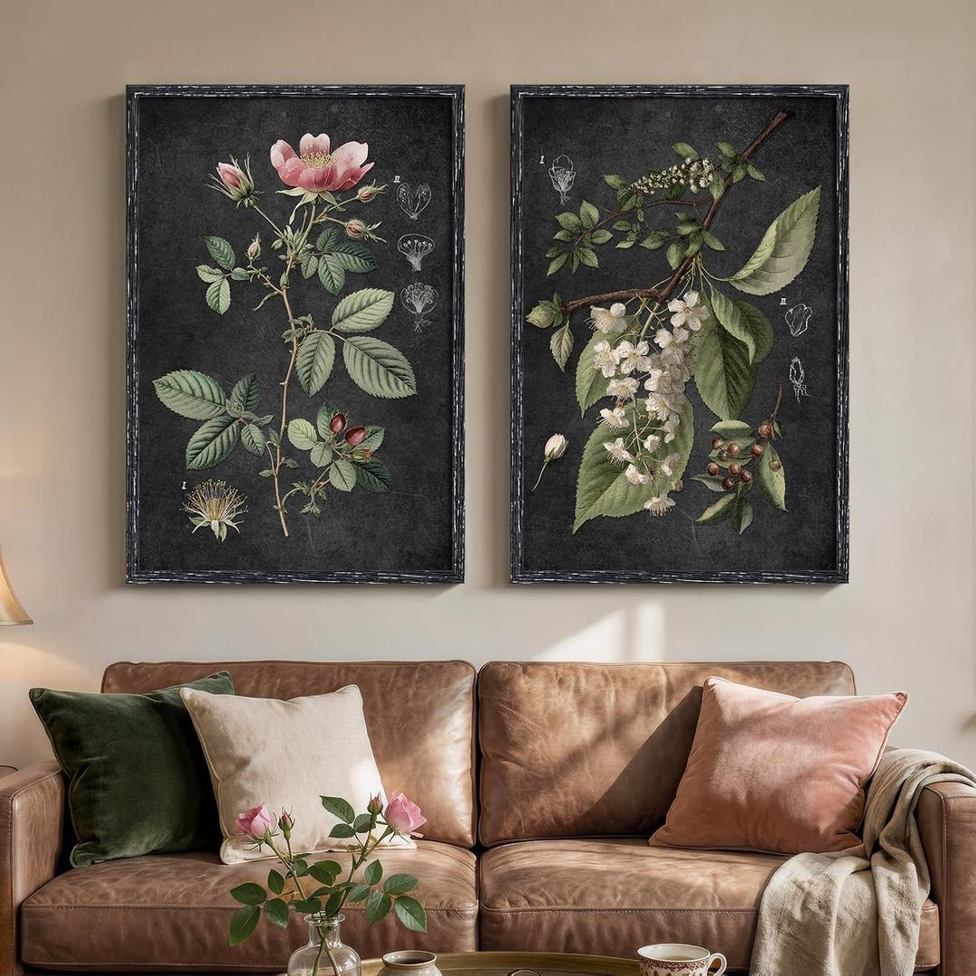 Large Framed Vintage Botanical Wall Art Set of 2, Rustic Retro Dark Floral Canvas Paintings Prints, Antique Flower Pictures for Farmhouse Living Room Hallway Bedroom Dining Room Wall Decor, 24x36 Inch, 24" W x 36" H x 2Pcs