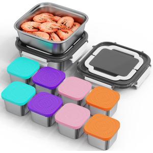 Set of 2 Snackle Box Container Stainless Steel Conntainers with Lids 10 Pack,2 Large Stainless Steel Container(1.5qt) and Set of 8 Snack Containers,Convenient to Carry,Suitable for Picnics and Travel