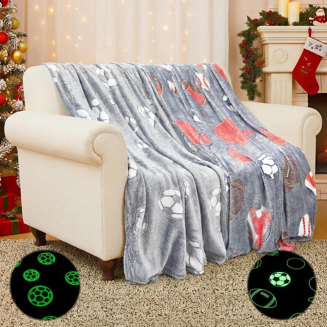 2 Pcs Sports Balls Gifts Christmas Soccer Football Glow in The Dark Blanket 50" x 60" Soft Fleece Throw Blanket Fuzzy Sport Gifts for Home Winter Holiday Birthday Party Favor Decor