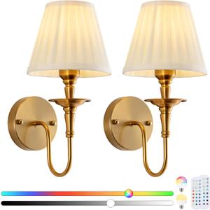EIDISUNY Vintage Wall Sconces, Wireless Wall Sconce Set of 2 with RGB Rechargeable Dimmable Bulbs, Brass-Color Battery Operated Wall Sconce with Remote for Bedroom, Living Room, Hallway
