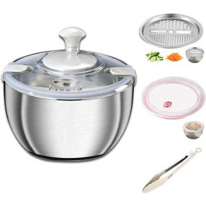 Large Salad Spinner with Storage Lid5.29QT Stainless Steel Spin Dry Salad Greens Fruit Washing Bowl with Strainer Vegetable Cleaner washer Lettuce Spinner with slicer and julienne cutter