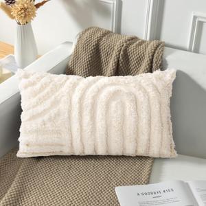 AELS Boho Decorative Textured Throw Pillow Covers 12x20, Modern Abstract Mid Century Rainbow Tufted Pillow Case, Farmhouse Rustic Neutral Woven Cushion Case for Bed Couch Sofa, Creamy White