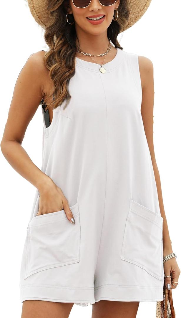 Womens Casual Rompers Overalls Shorts Summer Sleeveless Jumpsuits for Women Casual Shorts with Pocket (XXL, White)
