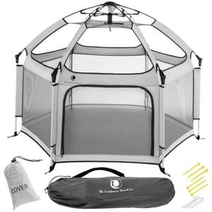 Pop 'N Go Baby Playpen, Portable Pack N Play, Canopy Beach Tent Light Grey | Patented “pop-up and release” technology with secure safety lock, bug proof mesh, aluminum frame carry bag 12 stakes included