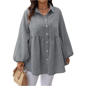 MakeMeChic Women's Plus Size Blouses Gingham Lantern Sleeve Button Down Plaid Shirt Peplum Tops 1950s Outfits (XL)