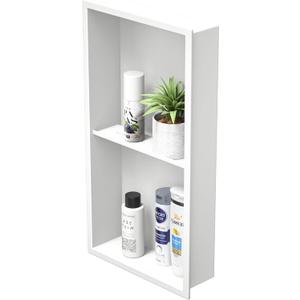 Stainless Steel Shower Niche 24" X 12" Matte White No Tile Needed Vertical Niche Shower with Two- Tier Shelves Recessed Wall Niches for Bathroom Storage Over Mount Installation