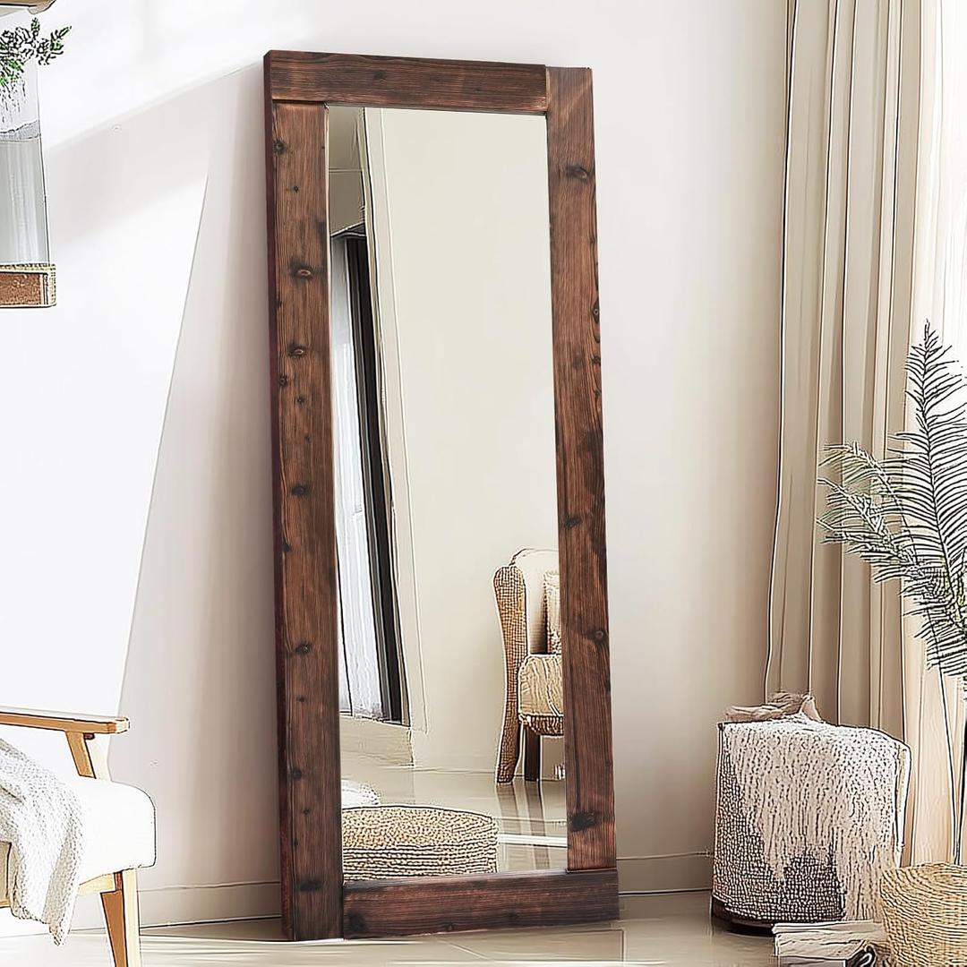 Full Length Mirror 65"x24" – Solid Wood Frame, HD Tempered Glass, Wall Mounted & Leaning, Rustic Modern Decor for Bedroom, Living Room, Entryway, Brown