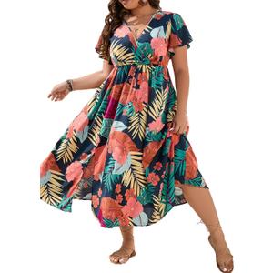 Floerns Women's Plus Size Boho Hawaiian Tropical Dresses V Neck Short Sleeve Floral A Line Long Dress Vacation Beach Outfits (XXXL)