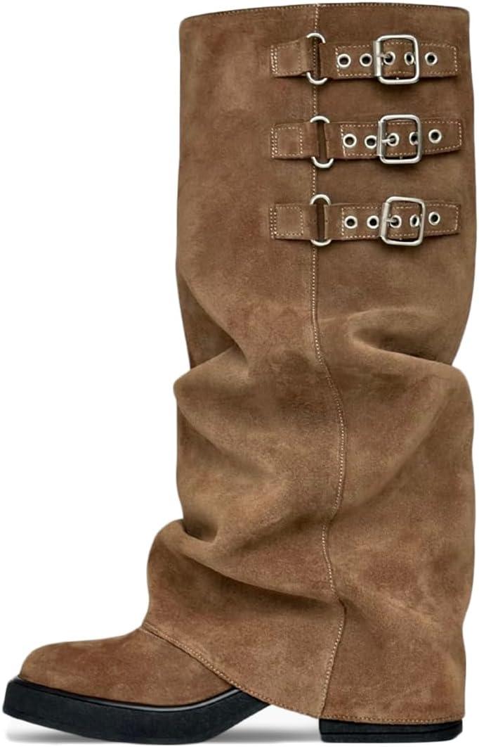 Knee High Boots Women Fall Slouchy Fold Over Tall Boots - Motorcycle, Hidden Zipper, Fashion Buckle, Platform, Square Toe (10, 1 Taupe)