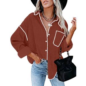 ZESICA Womens Corduroy Shacket Jacket Long Sleeve Button Down Shirt Oversized Blouses Tops with Pockets (Medium, Rust)