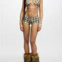 RoseSeek Women's 2 Piece Gingham Checkered Bikini Set with Shorts Plaid Halter Boyshorts Swimsuits (Beige, S)