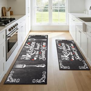 Farmhouse Kitchen Rugs Sets of 2,Non Slip Absorbent Washable Mats for Kitchen Floor,Vintage Style Theme Runner Rug,Home Decor Carpet for Kitchen Sink Laundry,17x30+17x47 Inches(Black)