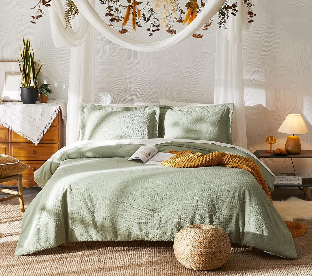 Geniospin Twin Comforter Set, Bed in a Bag Sage Green 5-Pieces, Botanical Pattern, All Season Comfortable Seersucker Bedding with Comforter, Sheets, Pillowcase & Shams (Twin, 66"x86")