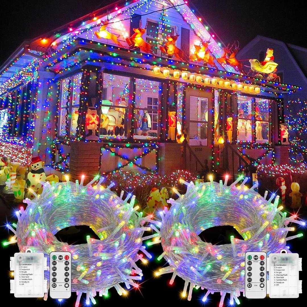 2 Pack Battery Operated String Lights Outdoor Indoor Total 132ft 400 LED, 8 Modes with Remote Timer Waterproof Twinkle Fairy Lights Battery Powered for Christmas Tree Bedroom Party Decor, Multicolor