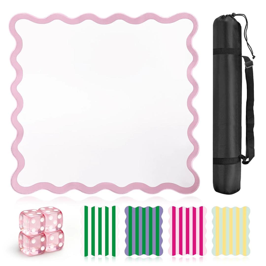 ZWFCGMMBC 32.4in Scalloped Mahjong Mat，Anti Slip Noise Reduction Mahjong Accessorie Mahjong Table Mat，Comes with 4 Dice and 1 Mahjong Mat Storage Bag,4 Mahjong Shuffle Cards (Pink)