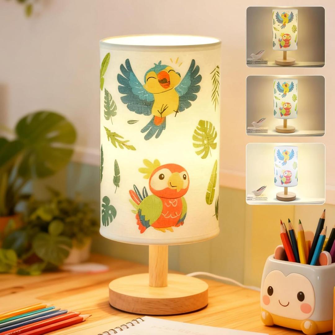 Kids Table Lamp, Boys for Bedroom Bedside, 3-Color Modes LED Nightstand Night Light with Linen Shade and Wood Base for Bedroom, Living Room, Kids Room, Birthday or Holidays Gift for Boys and Girls