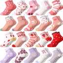 Bencailor 20 Pairs Girls Cartoon Pattern Crew Socks Cute Patterns Ruffle Crew Cotton Cute Socks for Kids Toddler Girls (9-13 Years, Pink Purple)