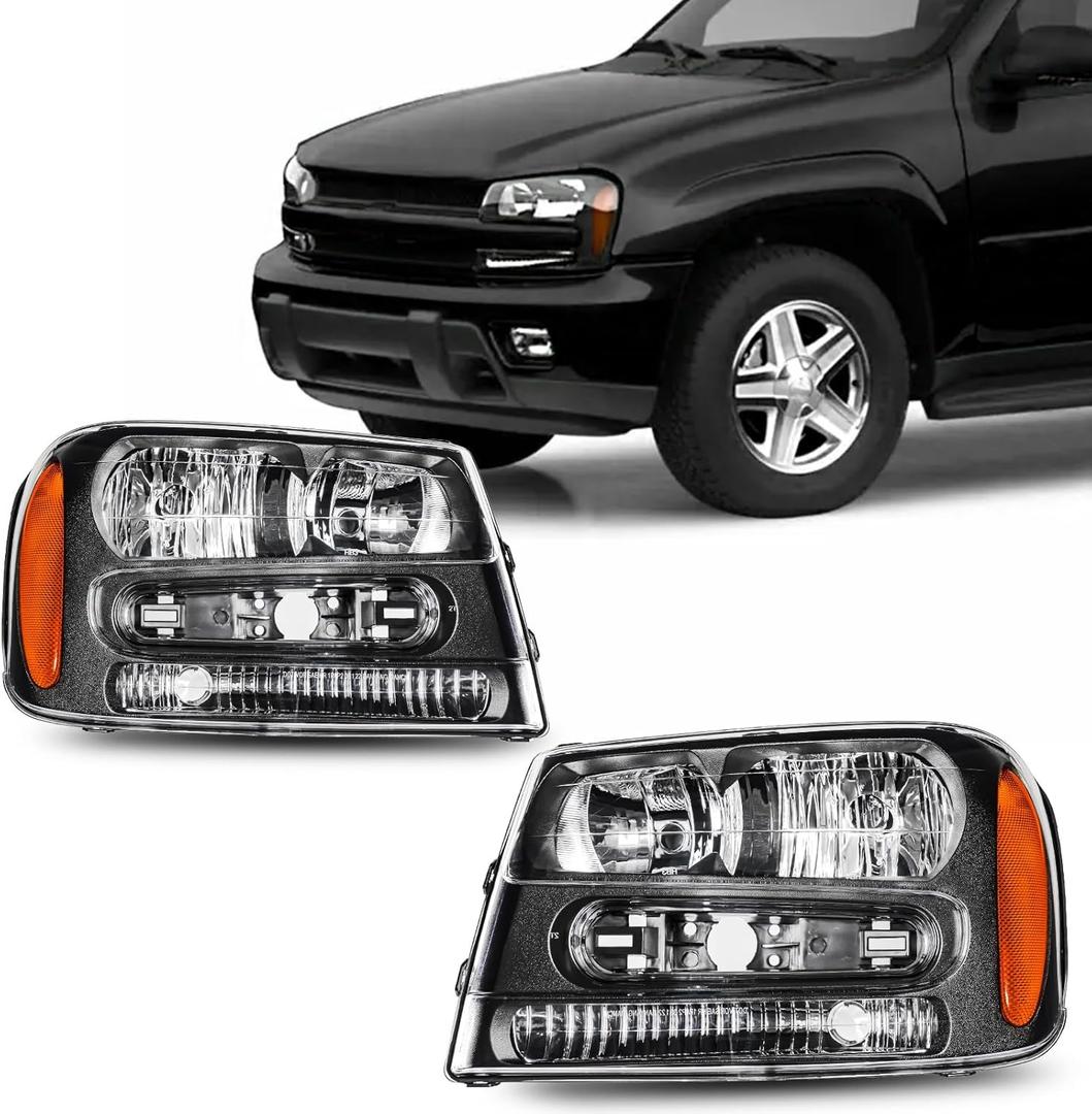 PHILTOP Headlights Assembly for 2002-2009 Chevy Trailblazer,2002-2006 Trailblazer EXT,Pair Halogen Headlamp Black Housing Clear Lens Amber Reflector OE Replacement Driver and Passenger Side