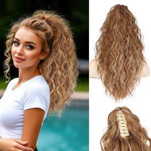 Ponytail Extension 18" Curly Wavy Pony Tail Claw Multi Layered Clip on Ponytail Extension Fluffy Natural Looking Synthetic Hair Piece for Women(Honey Blonde with Golden Highlights)