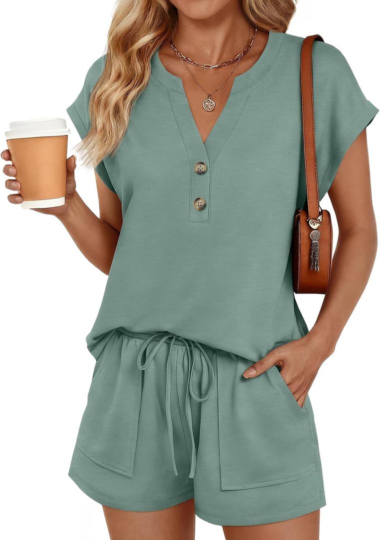 LILLUSORY Womens Henley 2 Piece Short Sets Summer 2026 Lounge Spring Beach Airport Travel Vacation Outfits Matching Sweatsuit (Medium, Sage Green)