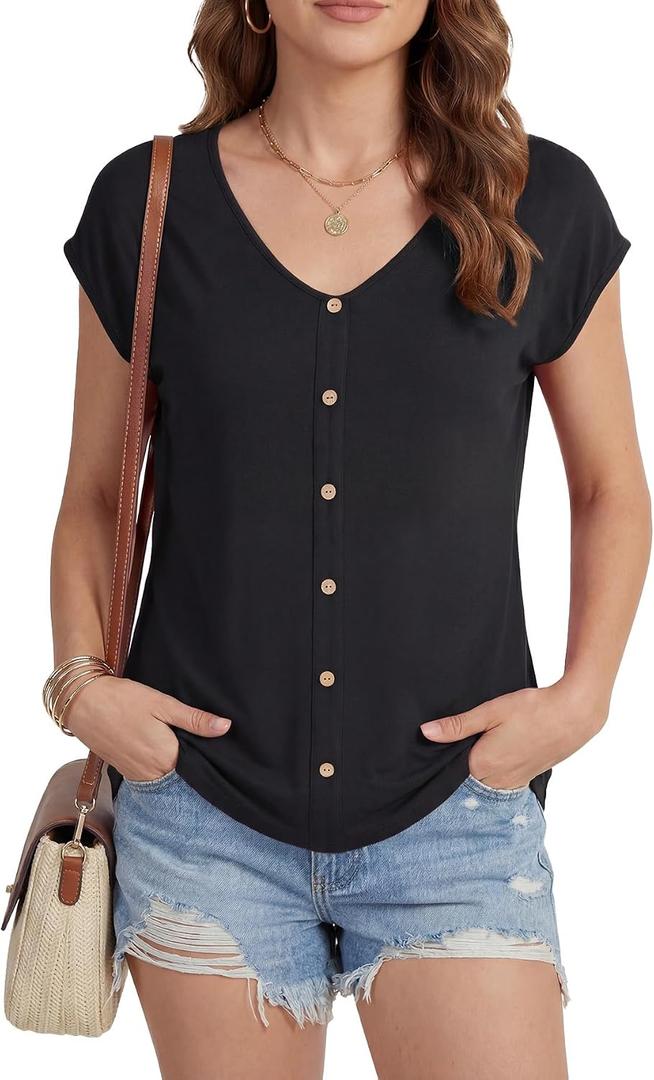 LYANER Women's V Neck Button Blouse Cap Sleeve Work Shirt Office Dressy Tee Shirt Tops (L)
