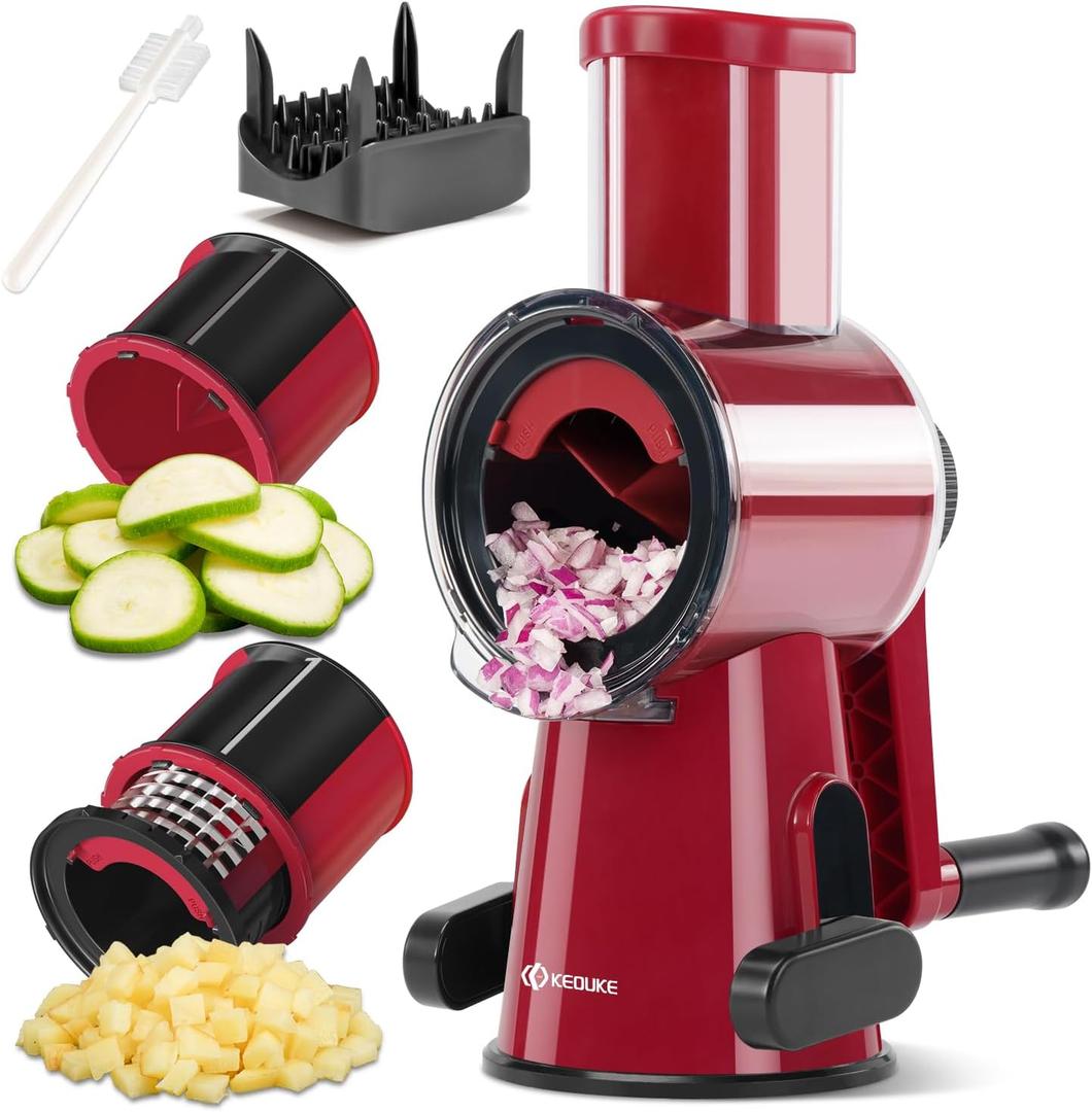 KEOUKE Manual Vegetable Chopper & Slicer - 2-in-1 Hand Crank Food Cutter with Cleaning Tools, Non-Slip Suction Base, Safety Pusher - Safe Effortless for Potato Carrot Onion - Red&Black