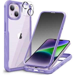 CENHUFO Privacy for iPhone 14 Case/iPhone 13 Case, Full Body Phone Case with Built-in 9H Tempered Glass Privacy Screen Protector and Camera Lens Protector, Shockproof Bumper Clear Cover - Purple