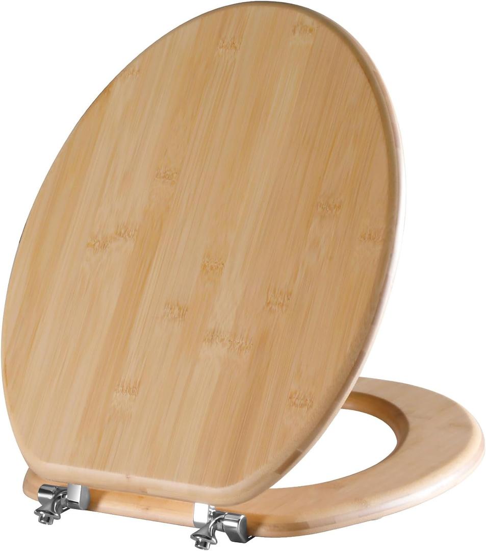 Elongated Bamboo Toilet Seat with Zinc Alloy Hinges, Easy to Install also Easy to Clean, Natural Bamboo, Light, 18.5-inch