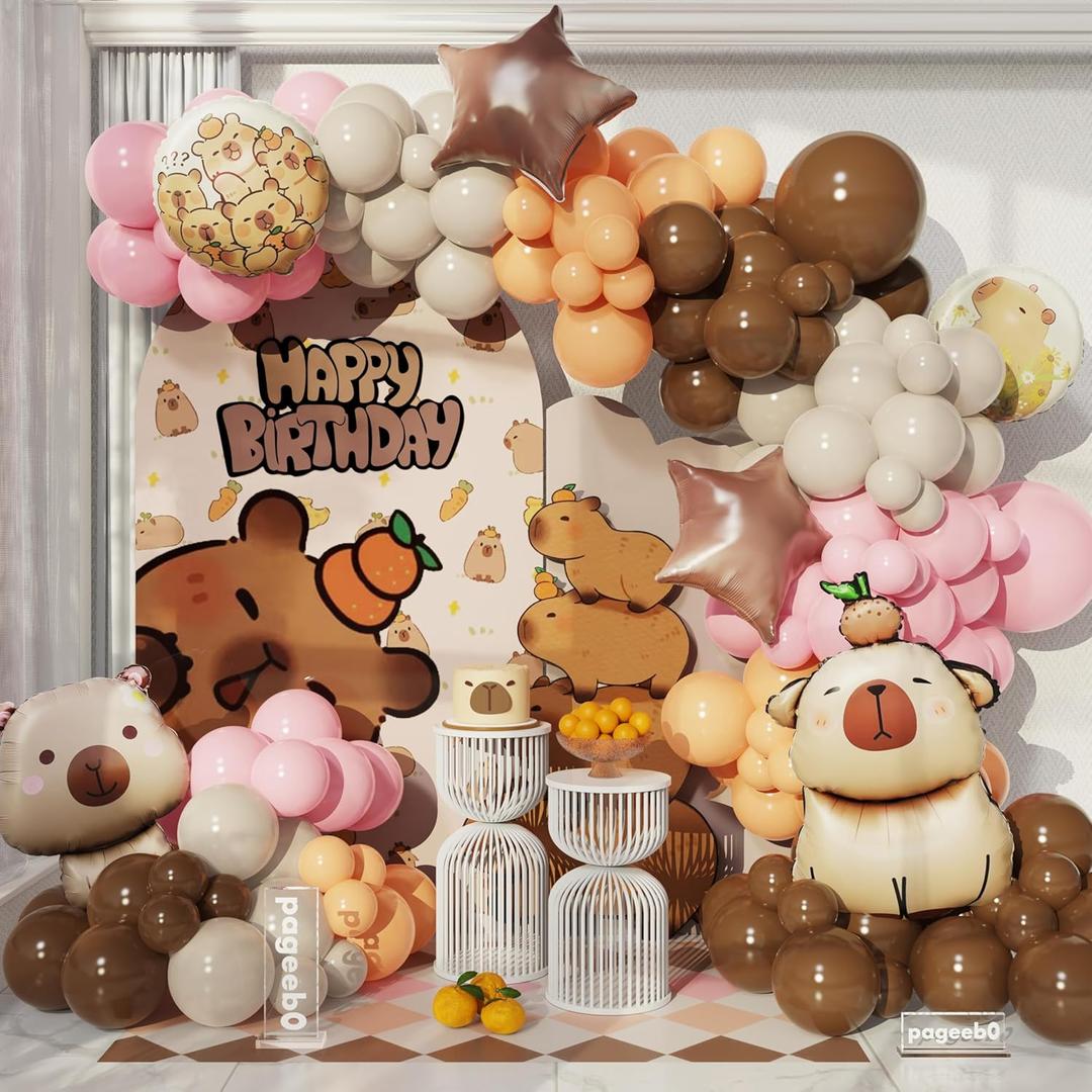 PageebO Capybara Birthday Decorations, 146Pcs Pastel Pink and Orange Balloons with Cute Animal Balloons for Capybara Party Favors Gifts Gender Reveal Baby Shower Supplies Girl Birthday Decorations
