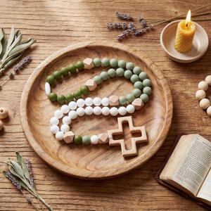 MTLEE Baby Rosary Baptism Gift Silicone God Bless Kids First Rosary with Cross 1st Year Baptism Party Supply for Baby Shower Catholic First Communion Gifts Christian Communion Party Decoration(Green) (Green, White, Brown)