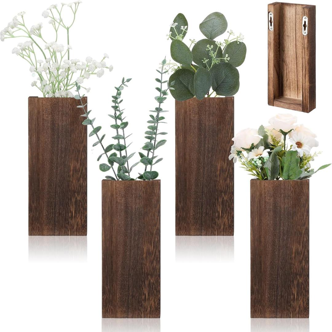 Ziliny 4 Pack Wood Wall Planter for Dried Flowers and Artificial Greenery Indoor Plants Holder, Wood Wall Decor Wooden Pocket Vase Modern Farmhouse Hanging Flowers for Living Room Bedroom Home