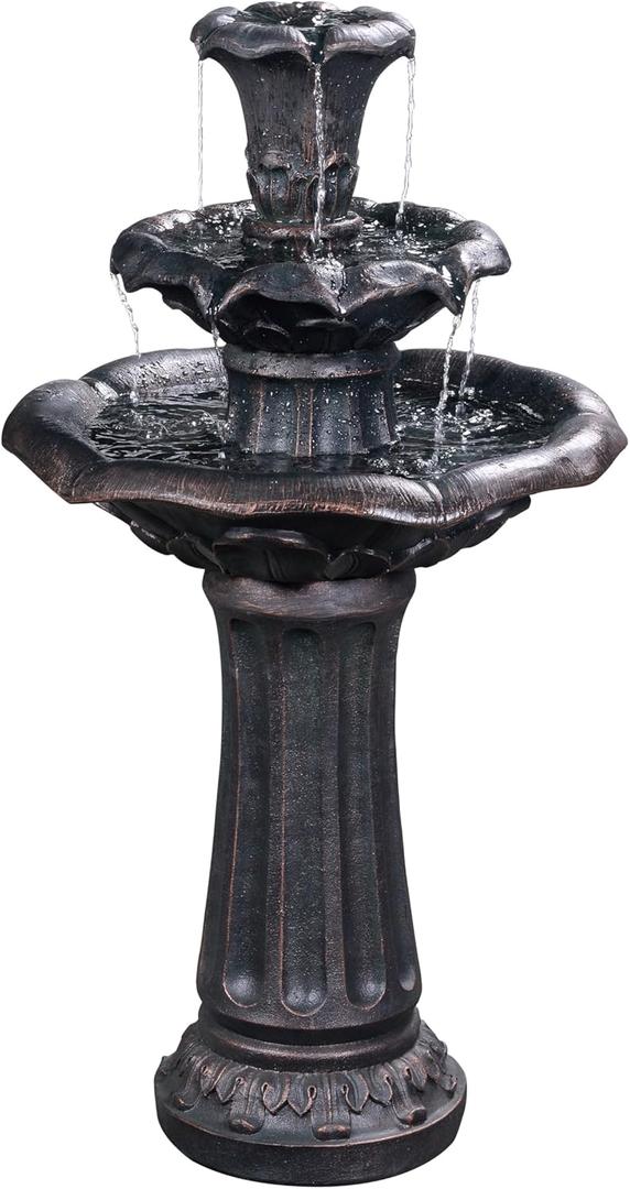 Teamson Home Lily Flower Floor Pedestal 3 Tiered Floor Waterfall Fountain with Pump for Outdoor Patio Garden Backyard Decking, 38 Inch Height, Dark Gray