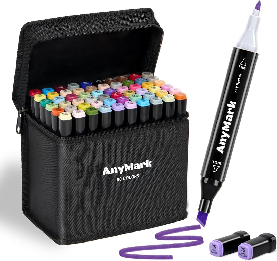 AnyMark Alcohol Markers, 60 Colors Dual Tip Art Coloring Markers Set for Adult Book Drawing Sketching Painting, Chisel & Fine, Black Penholder