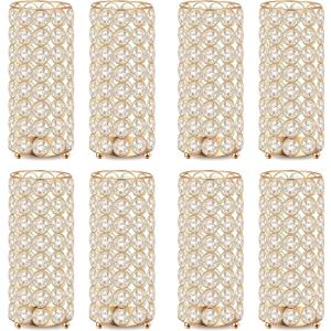 8 Pcs Gold Crystal Flower Vase and Pillar Candle Holder Set, 7.87" Metal Cylinder Stand for Wedding Table Centerpieces, Flower Arrangements, Christmas Party, Event Decor, and Gifts